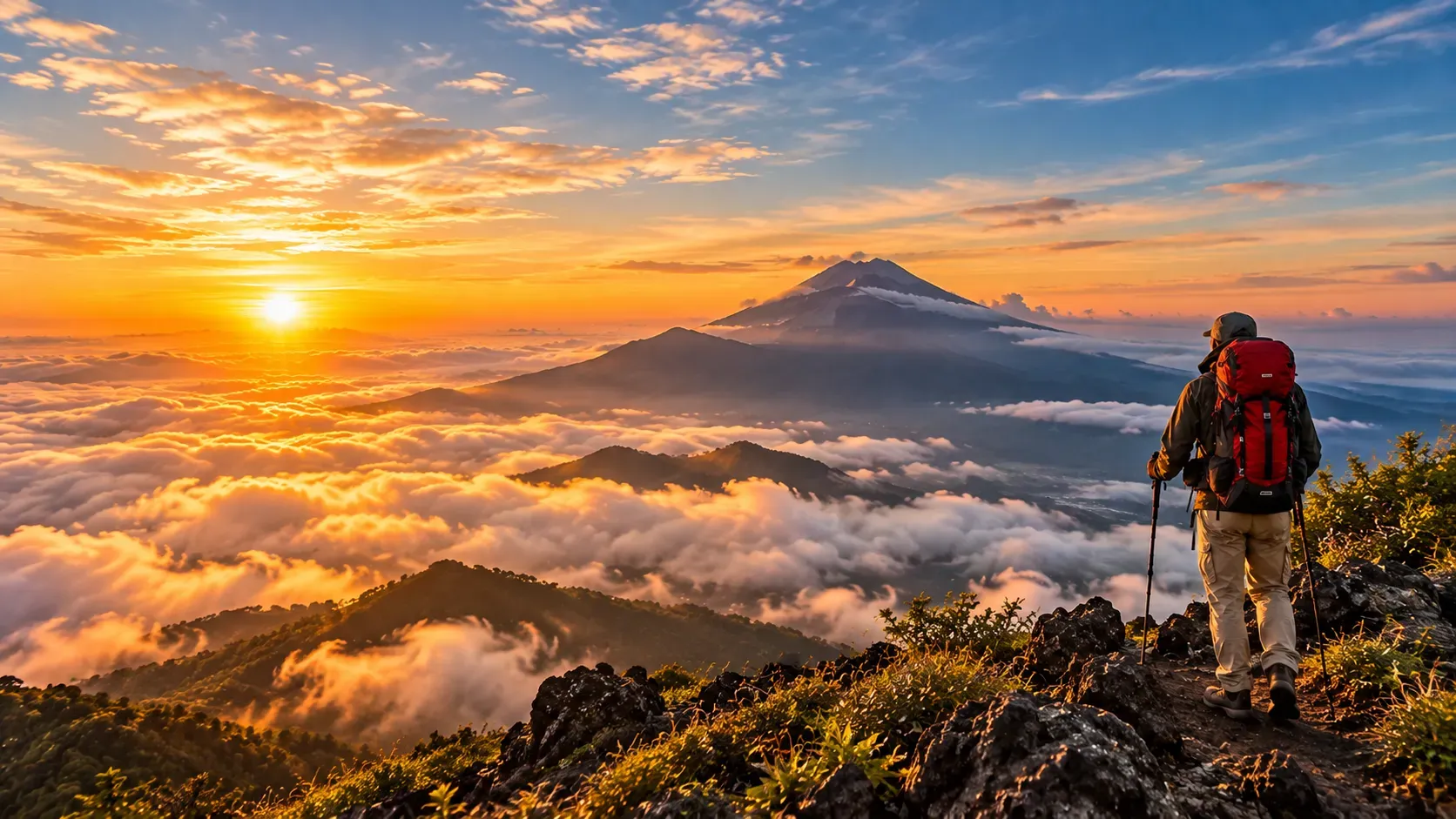 Sunrise light over a high volcanic mountain ridge