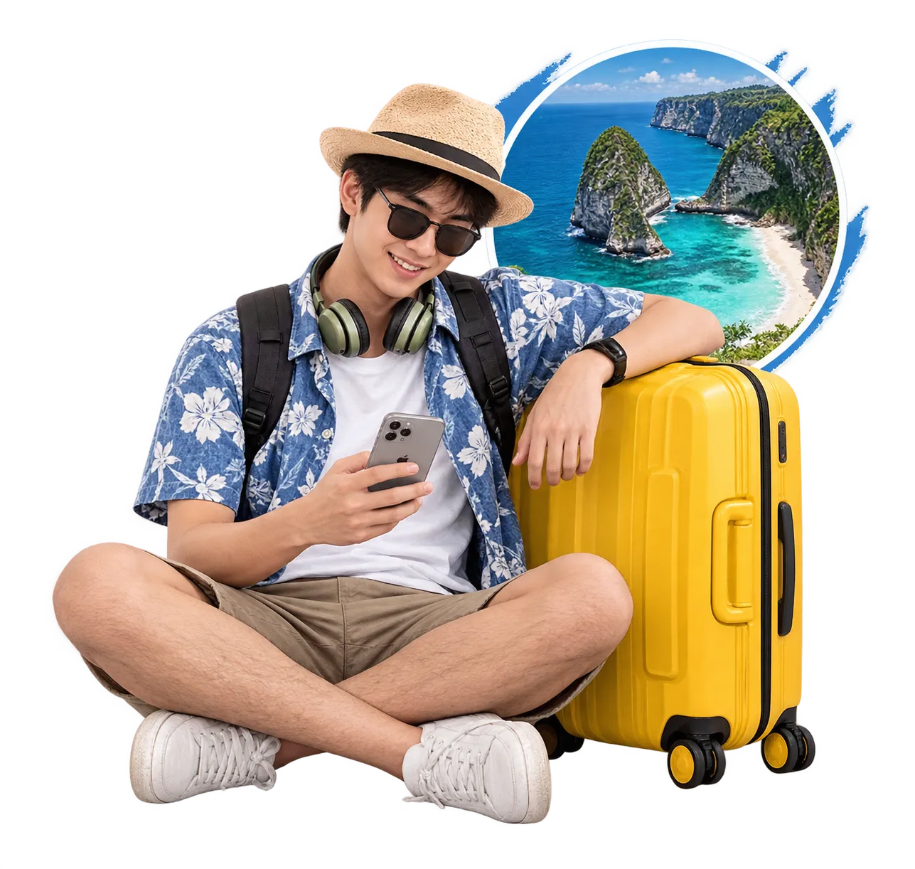Traveler with yellow suitcase and Nusa Penida scenery