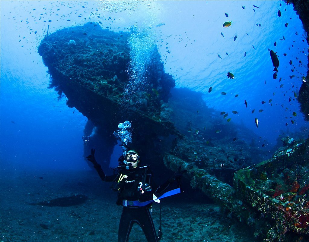 Japanese shipwreck covered with coral and fish