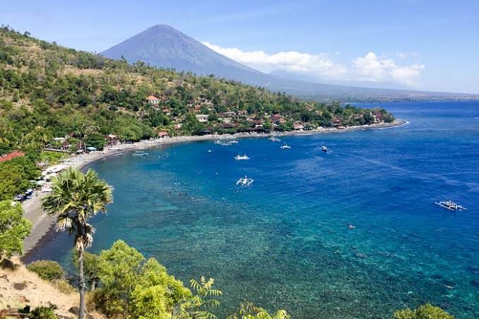 Snorkeler gliding over an Amed coral reef