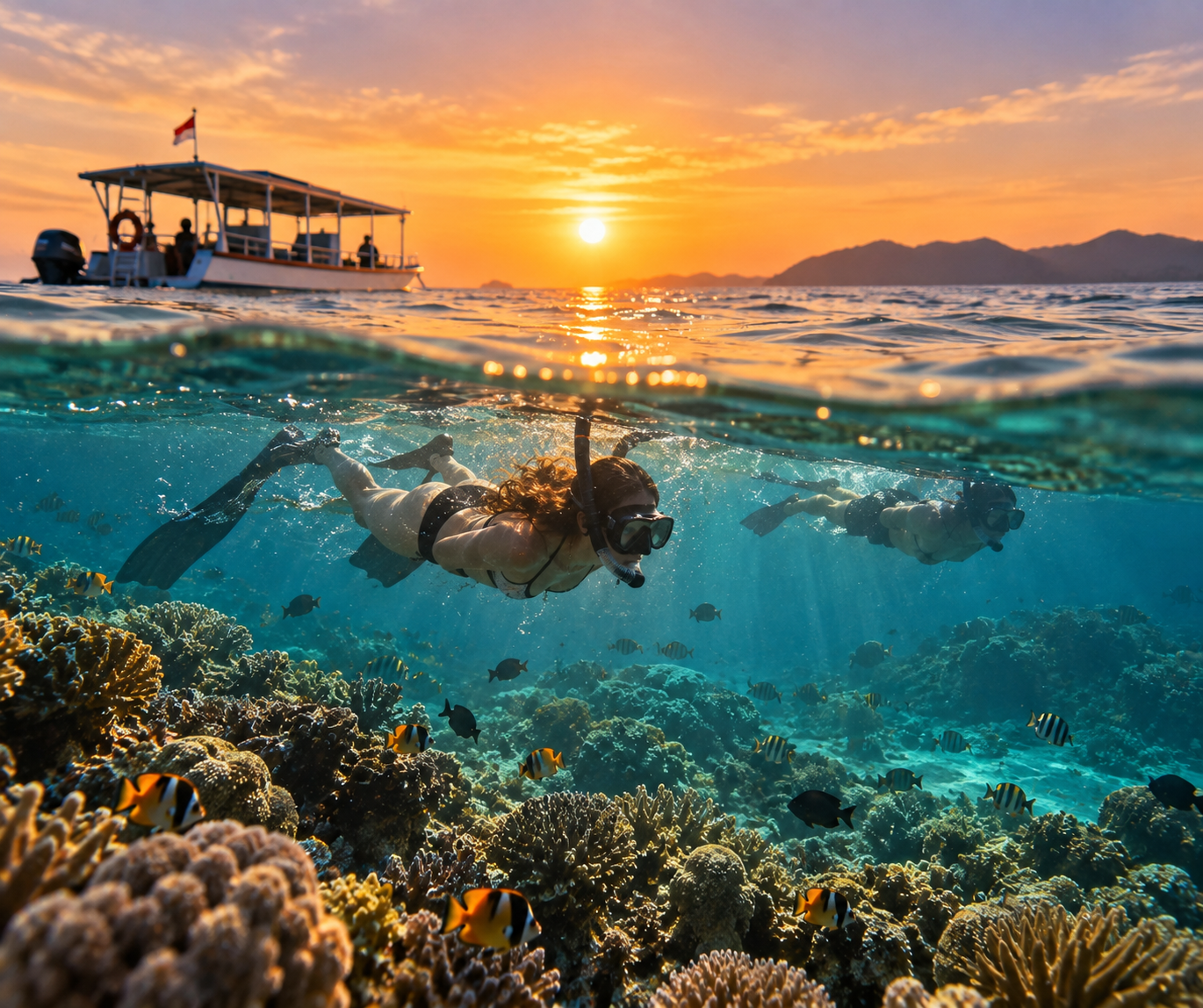 Snorkeling above a tropical reef at sunrise