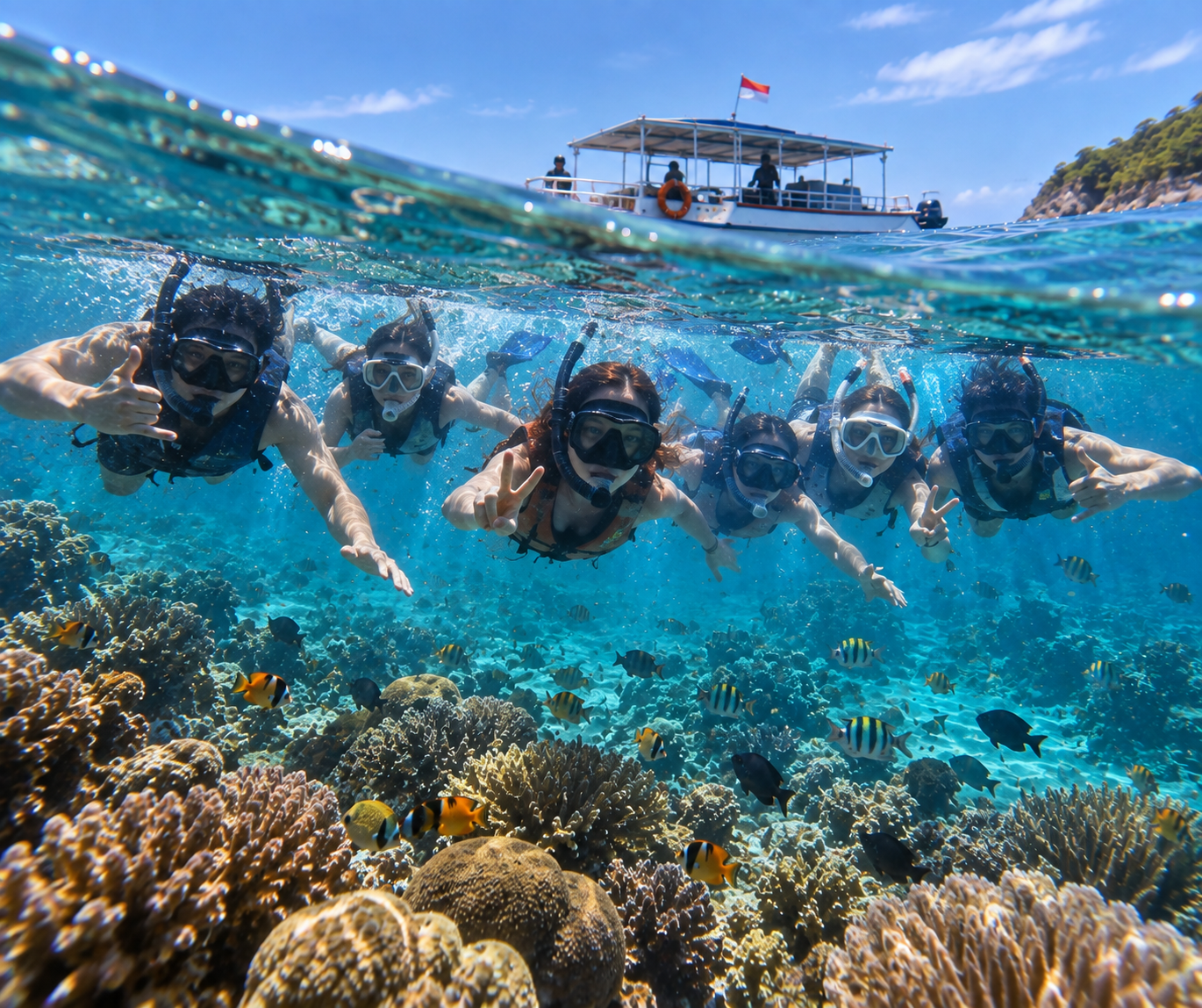 Clear blue water during a group snorkeling trip