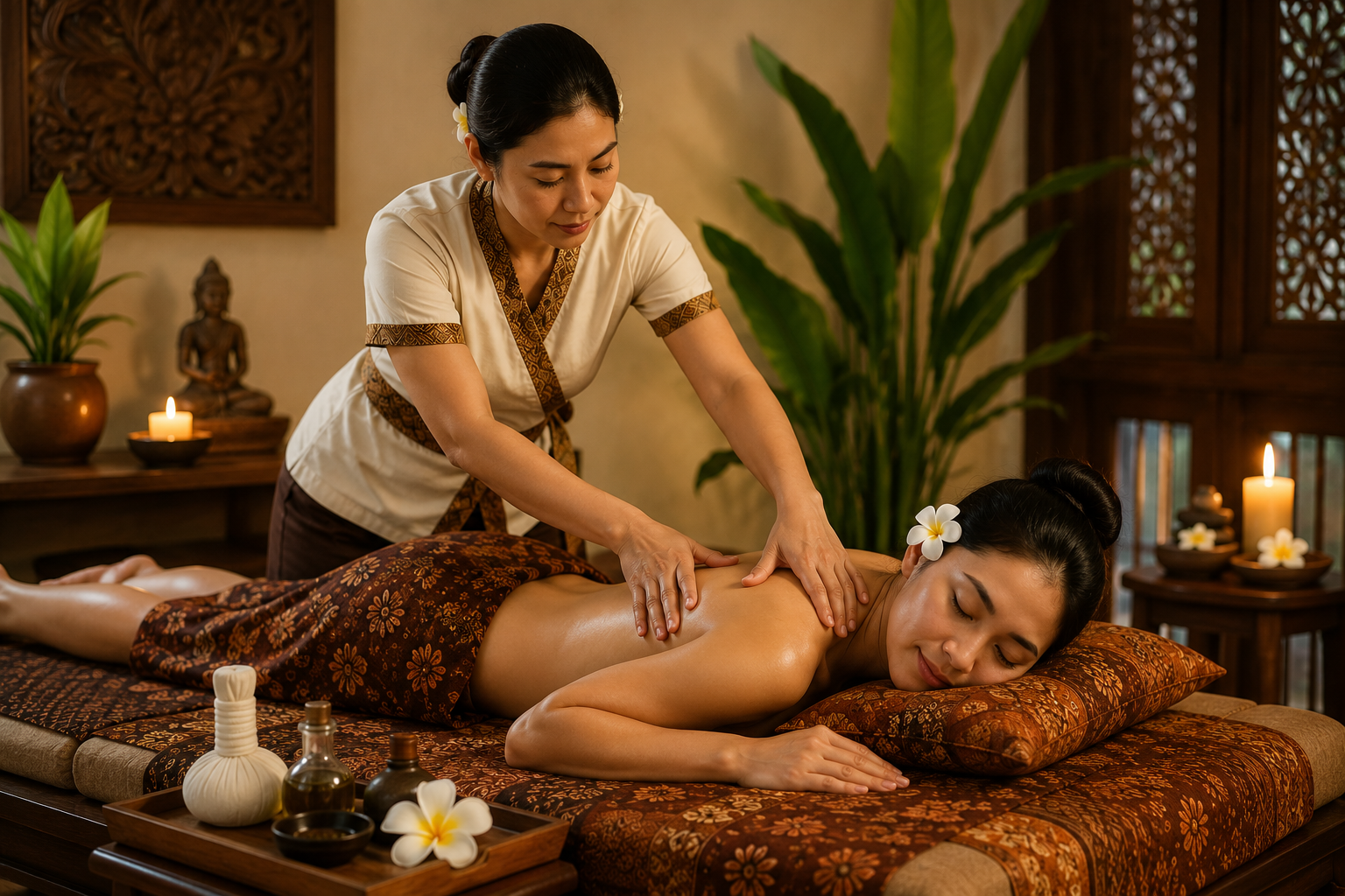 Pijat tradisional Bali dengan minyak aromaterapi di ruangan hangat