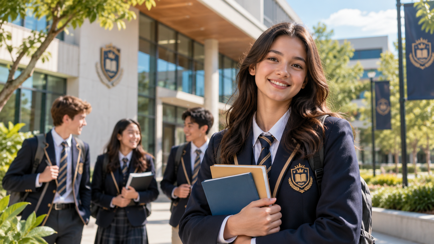 Smiling international school student holding books on campus