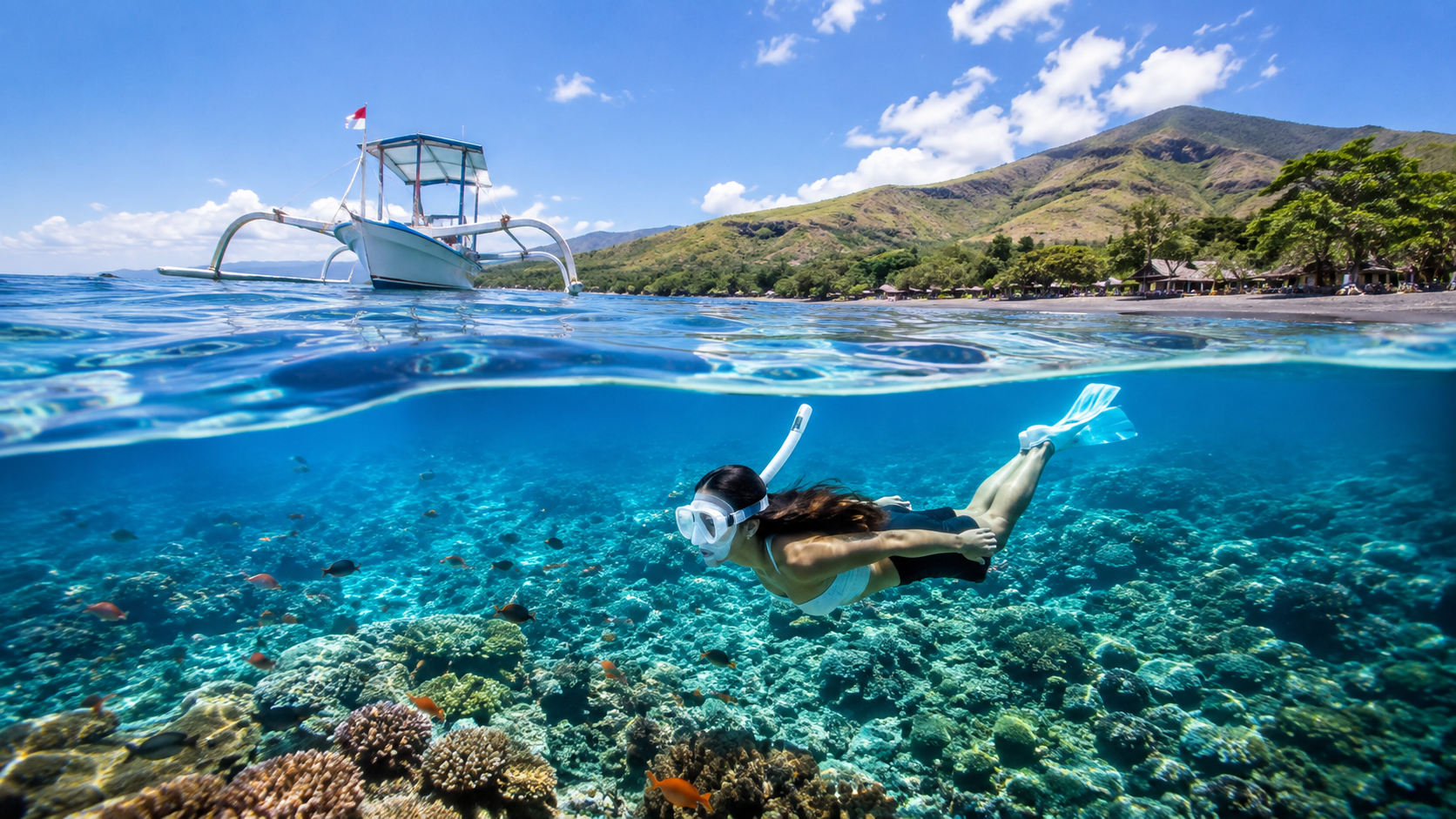 Traditional boat on clear turquoise water for snorkeling near the Amed coastline