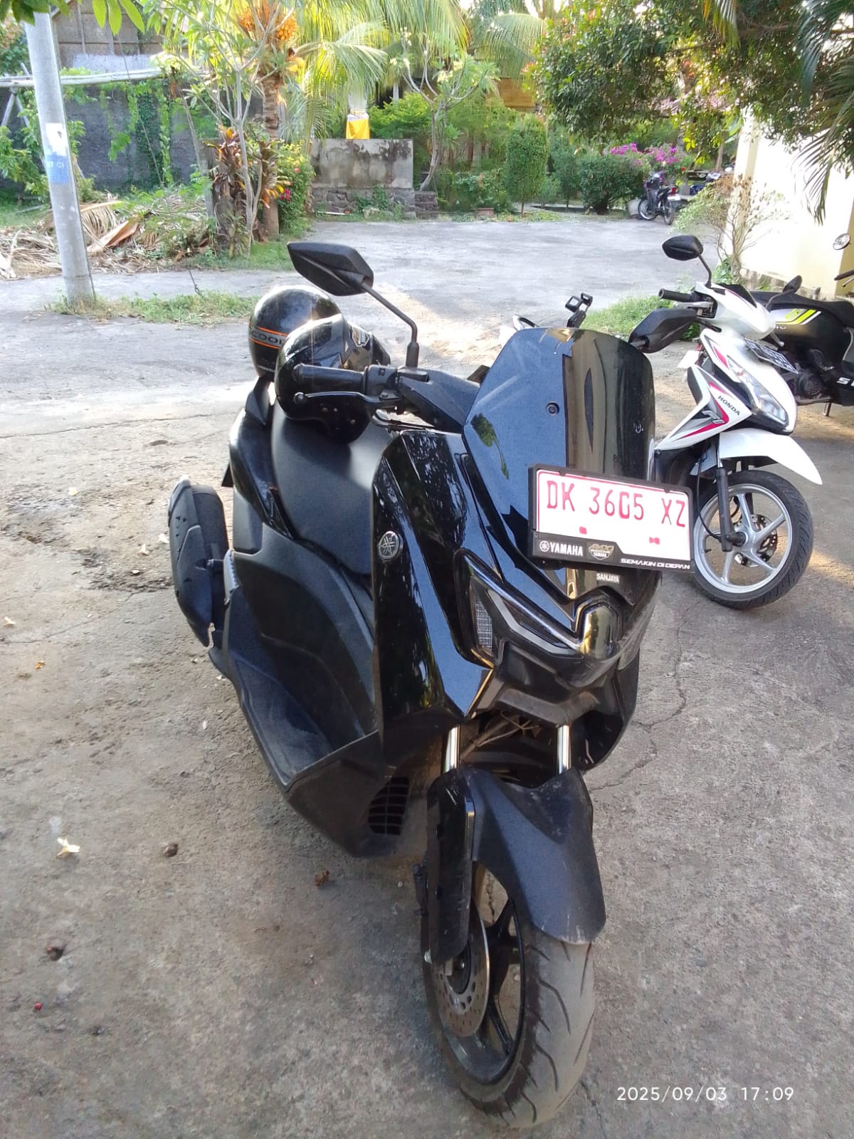 Scooter parked for rental near a tropical Bali road