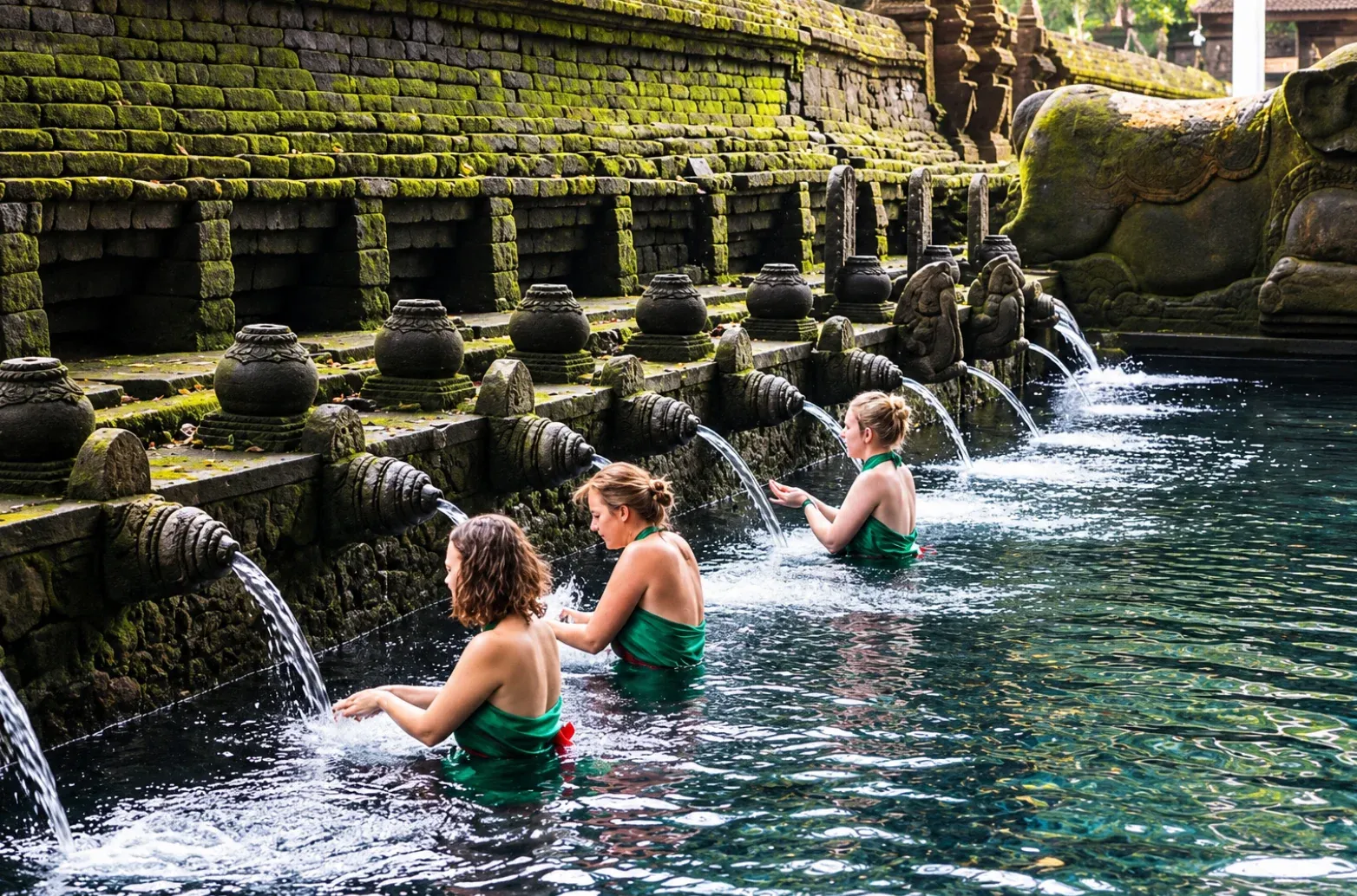 Visitors in green temple dress beneath the stone spouts at Tirta Empul