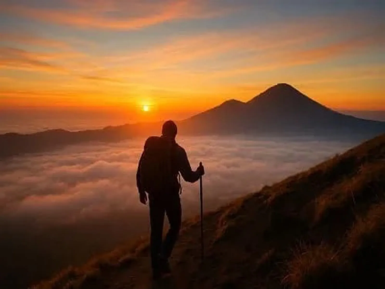 A hiker with a pole silhouetted against the sunrise, two volcanic peaks beyond a sea of cloud