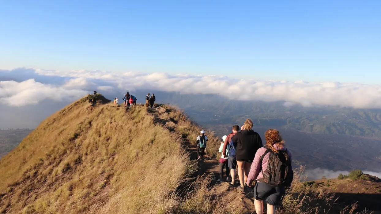 Hikers walking a grassy ridge above a layer of cloud