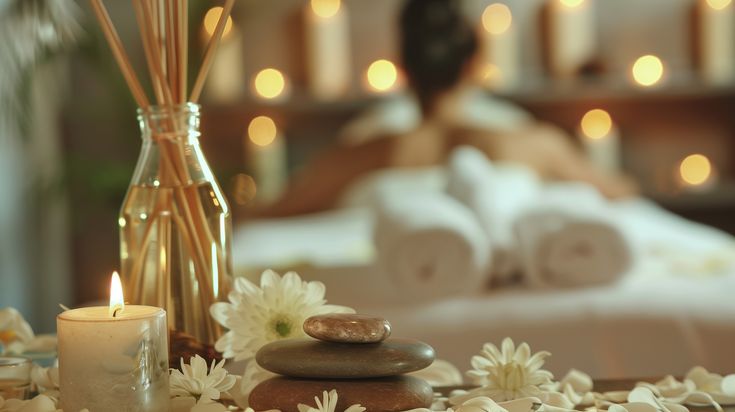 Ruang perawatan Casa Spa dengan cahaya hangat, handuk gulung, dan tanaman hijau
