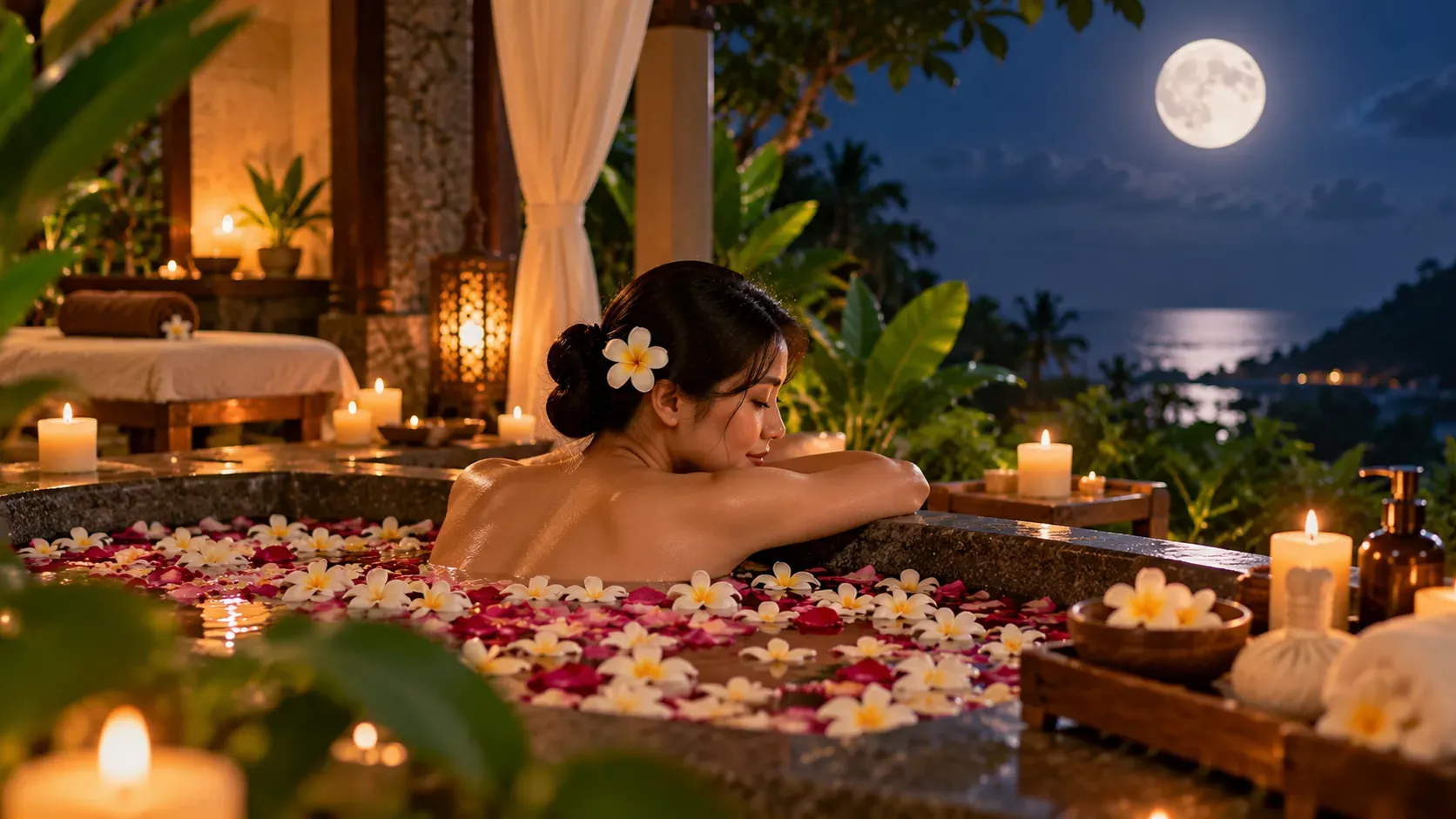 Spa stones and towels arranged beside a treatment bed