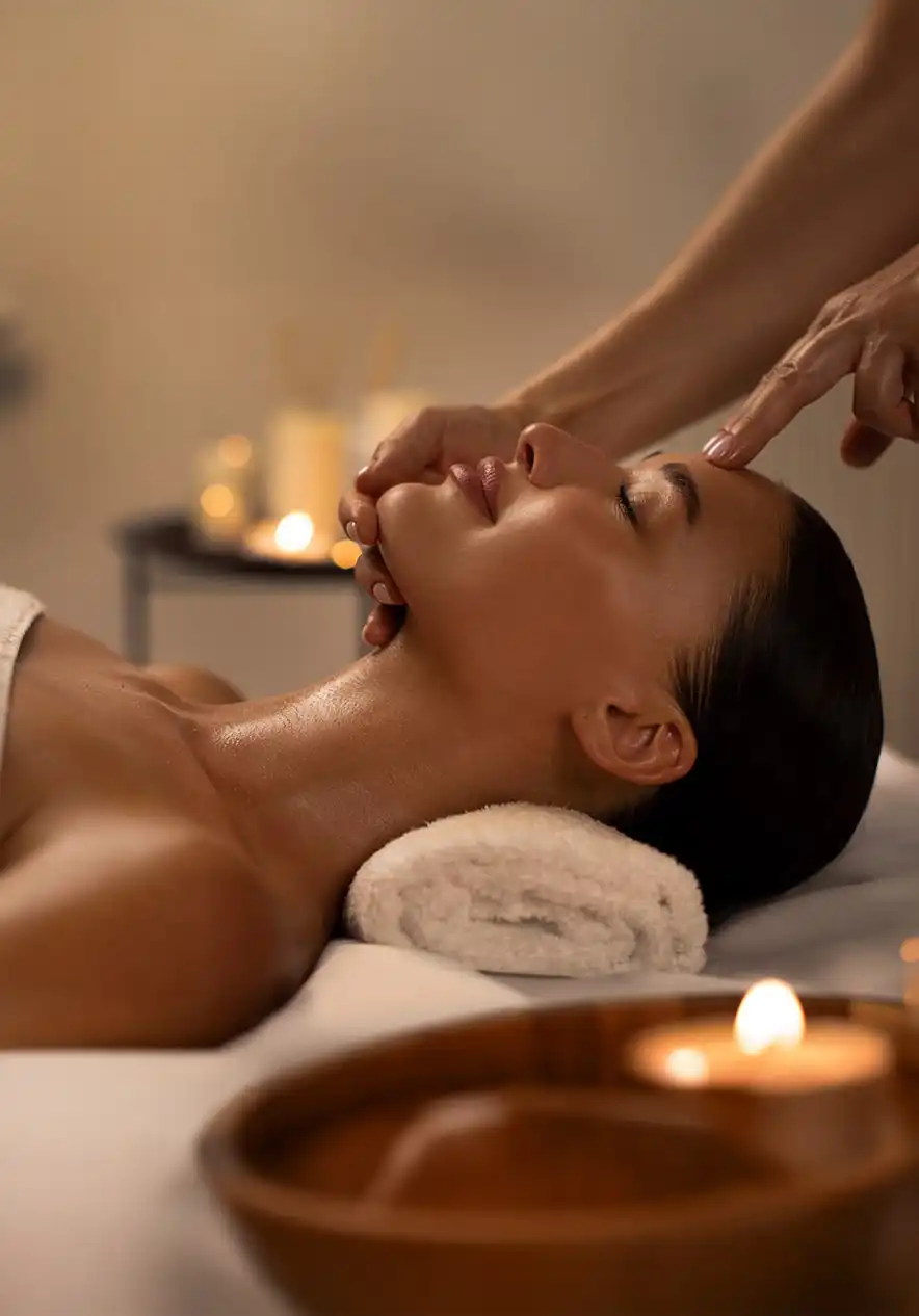 Calm spa treatment room with a massage table, folded towels, and warm light