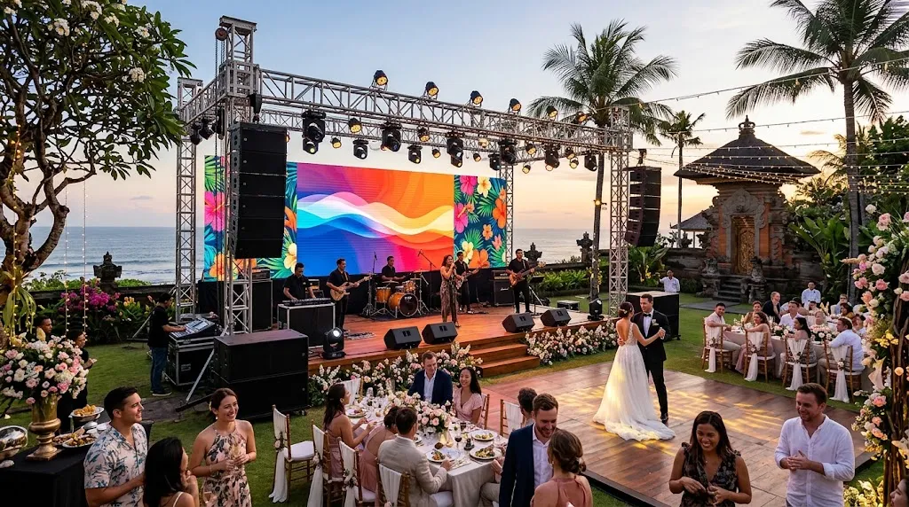 Premium live event stage with lighting, speakers and LED screen