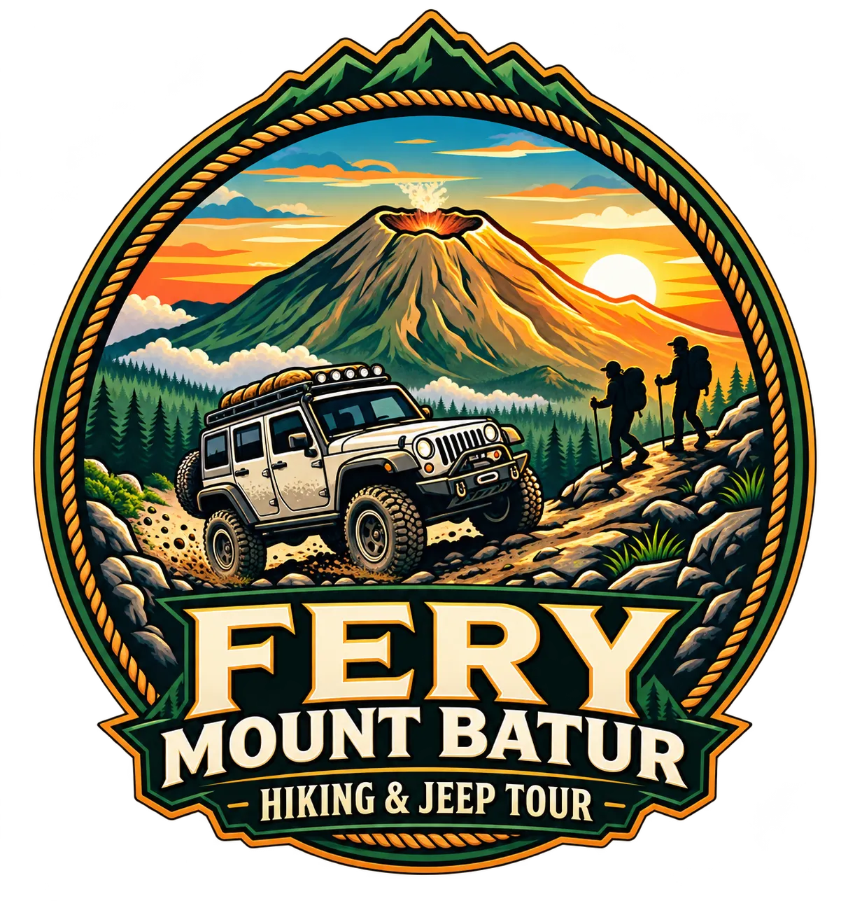 Badge of Mount Batur at sunrise, a light 4x4 jeep on a rocky trail, and two hikers.