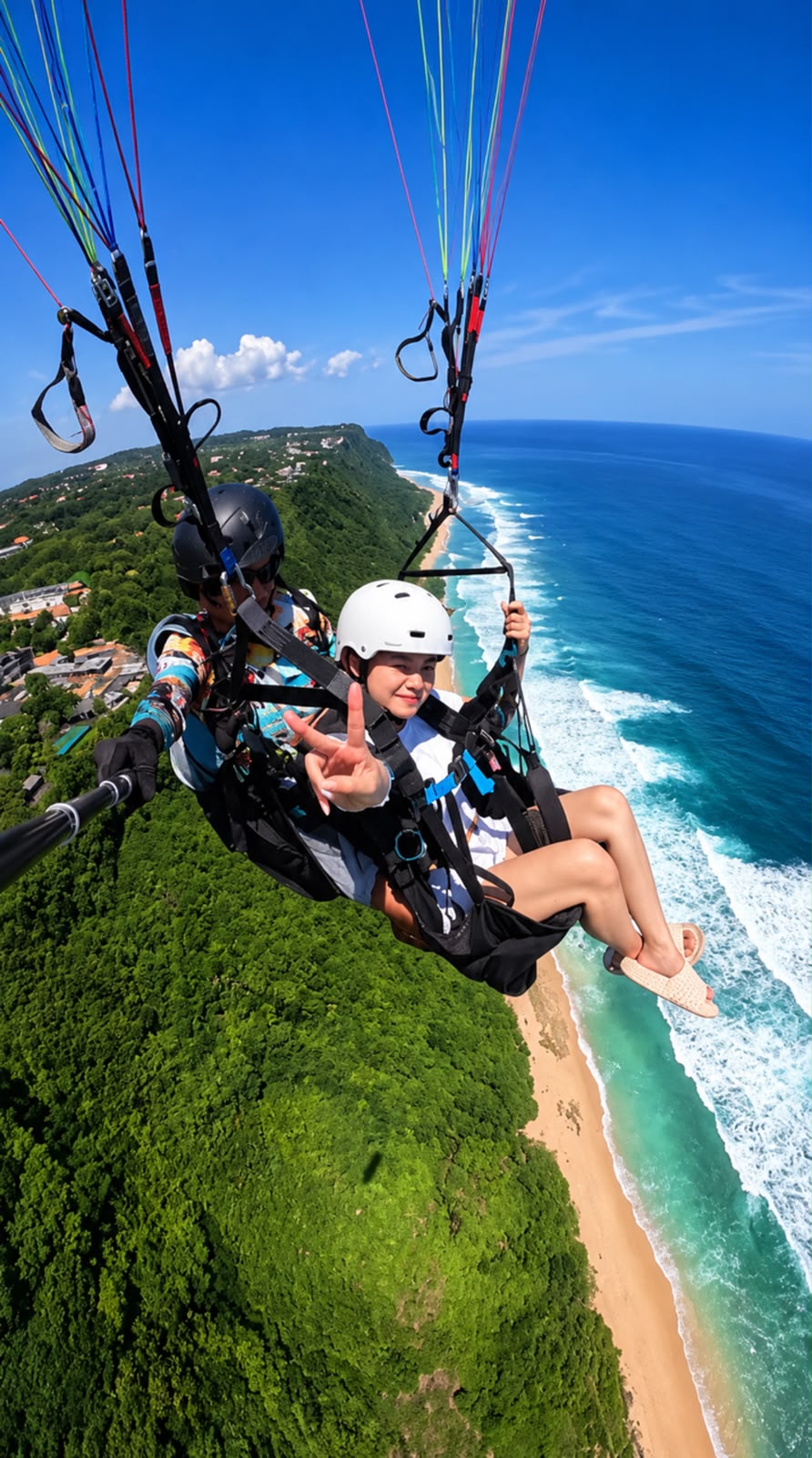 Tandem paragliding melayang di atas pantai dengan tebing hijau
