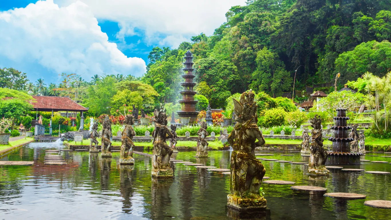 Temple courtyard and green hills on an East Bali and Ubud day