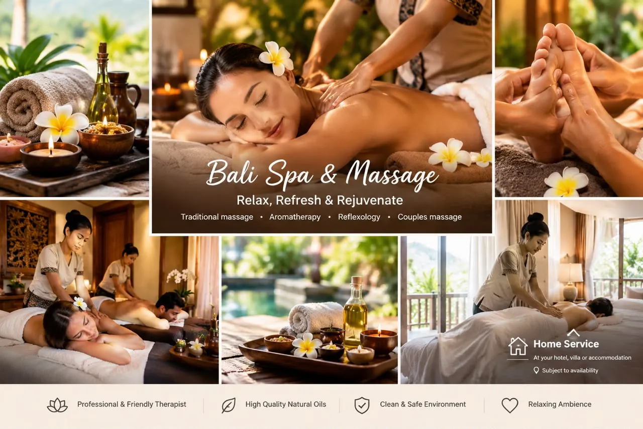 Bali Spa and Massage. Relax, Refresh and Rejuvenate. Traditional massage, aromatherapy, reflexology and couples massage. Home service at your hotel, villa or accommodation, subject to availability.