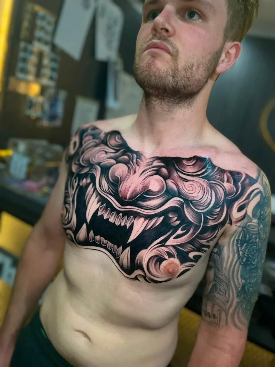 Japanese oni chest piece in black and soft pink