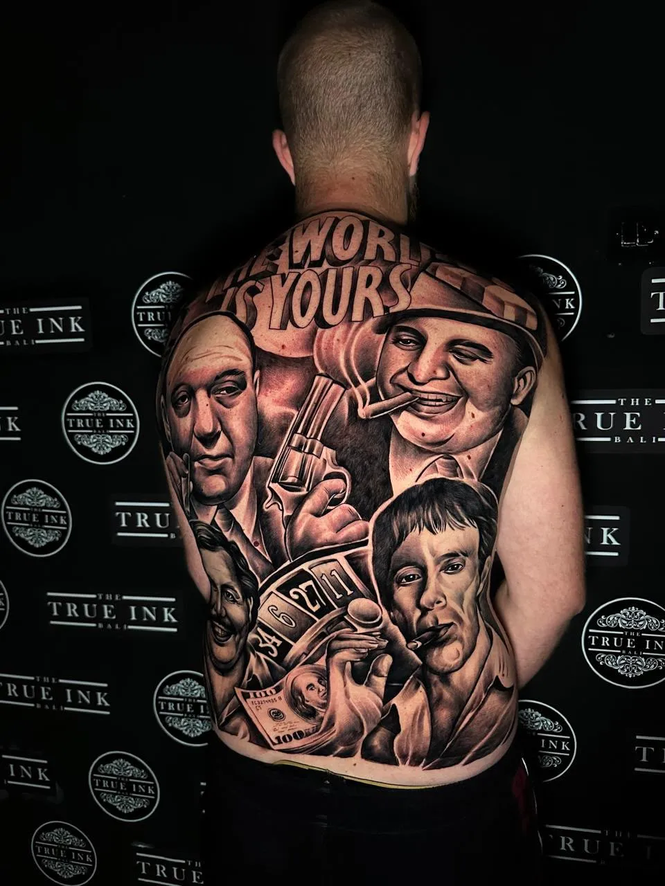 Realistic full-back portrait tattoo at The True Ink Bali