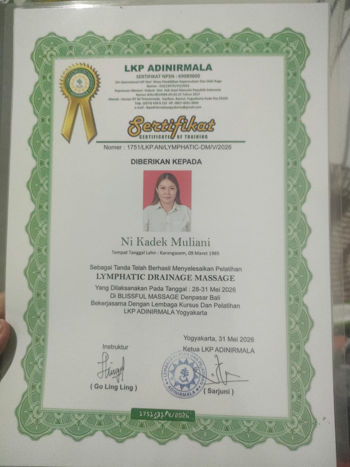 Sertifikat Lymphatic Drainage Massage - Ni Kadek Muliani
