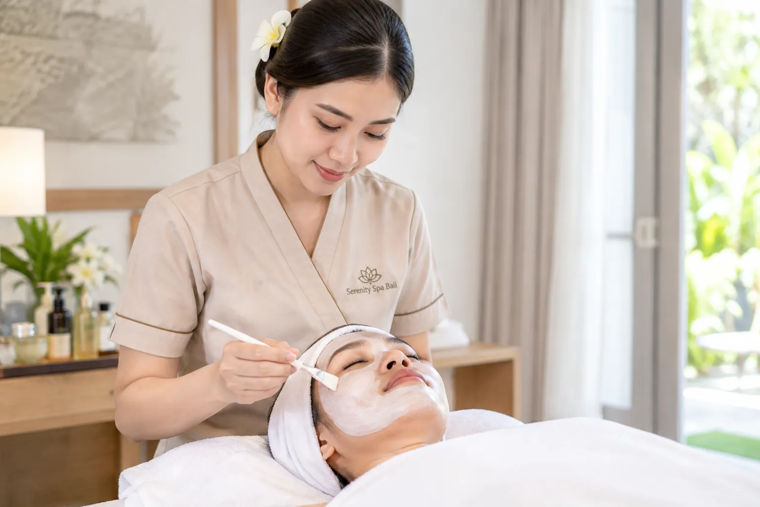 Beauty therapist providing a facial treatment at a private villa in Bali