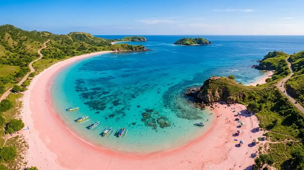 Aerial view of a tropical island and turquoise sea in Lombok