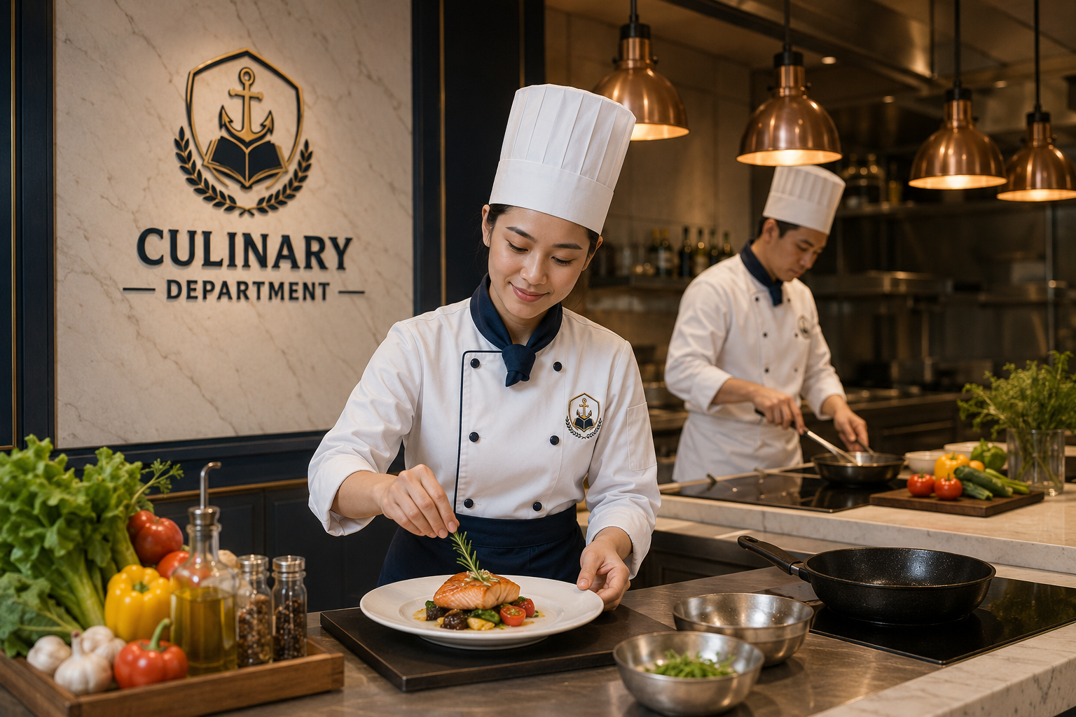 Chef menyiapkan masakan modern di dapur profesional