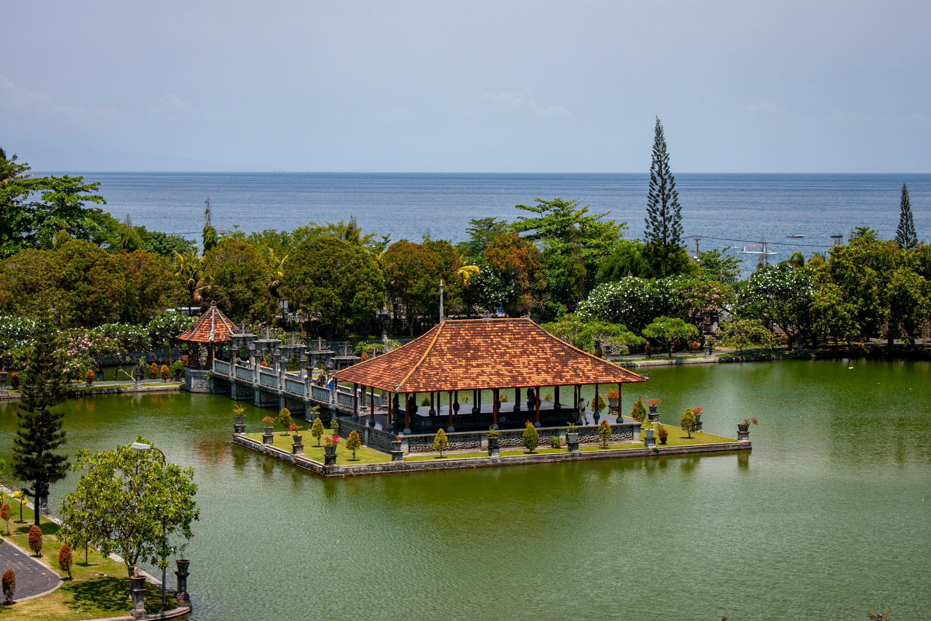 Taman Ujung Water Palace with mountain backdrop