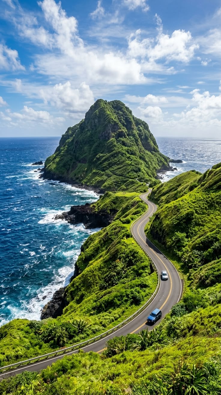 Winding coastal road with ocean views in northern Bali