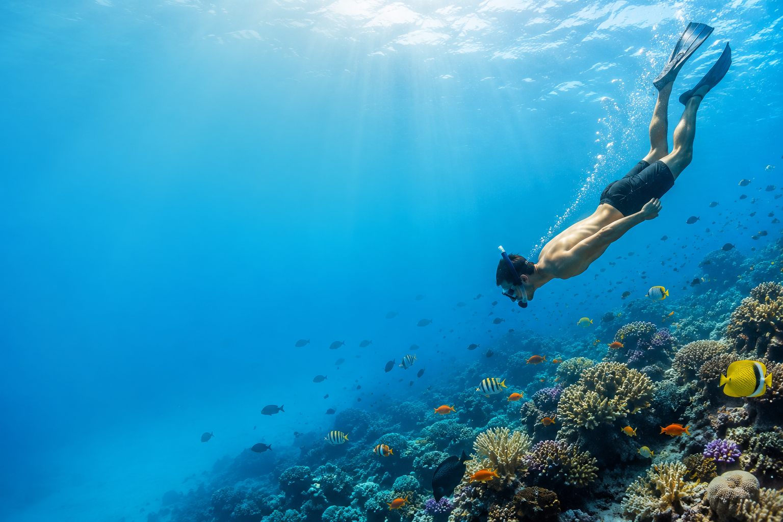 Penyelam snorkeling melayang di atas terumbu karang berwarna-warni