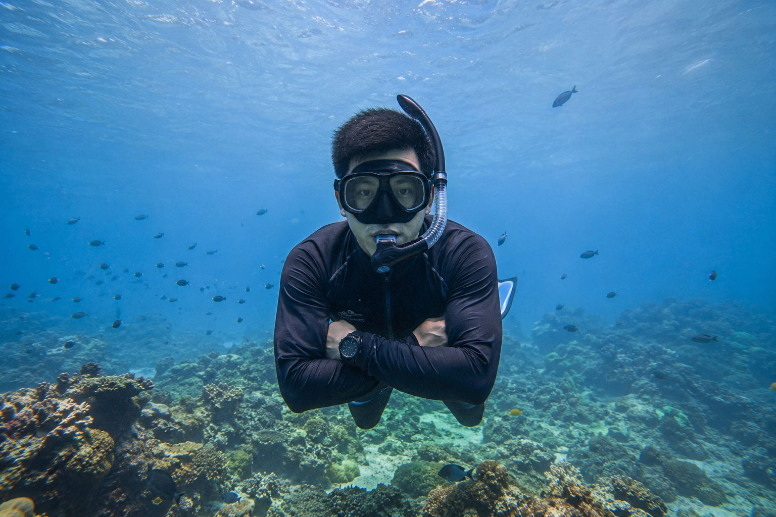 Pemandu snorkeling profesional dengan masker dan snorkel