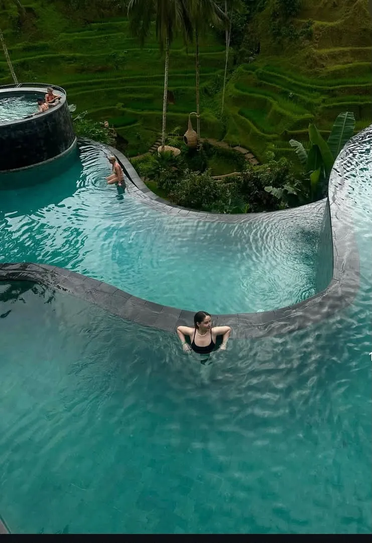 Infinity pool overlooking Ubud rice terraces