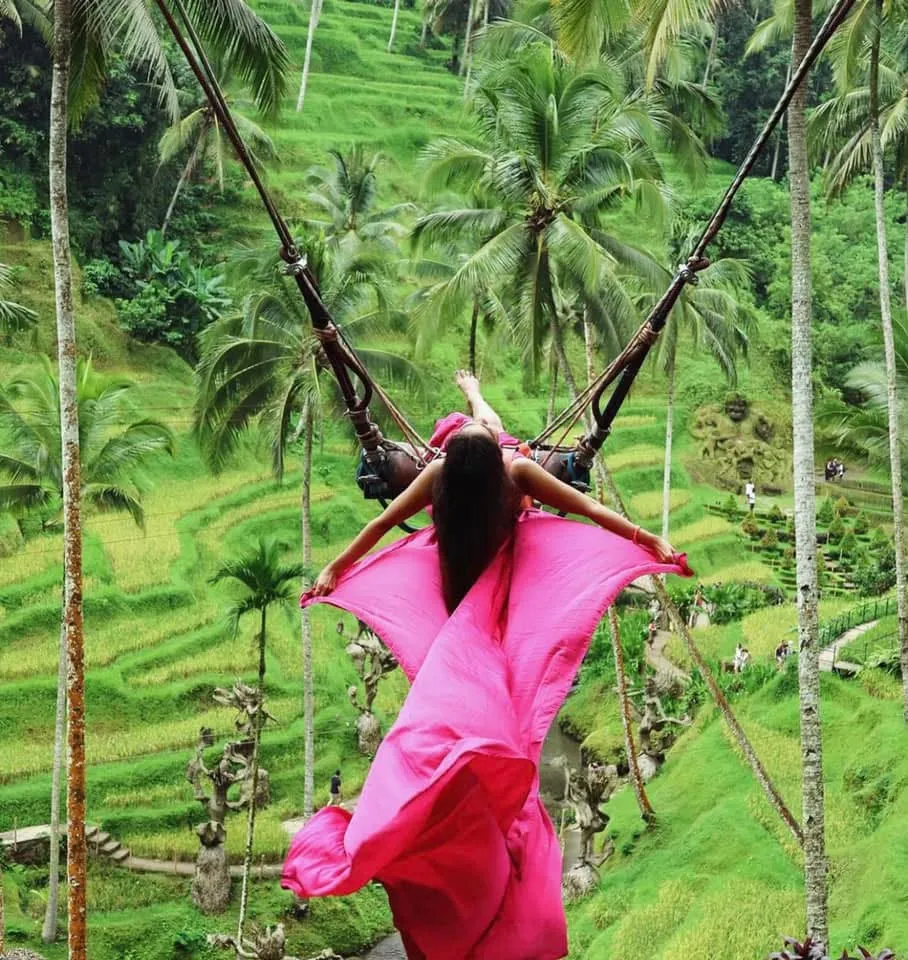 Guest in a pink dress on a swing over Ubud rice terraces