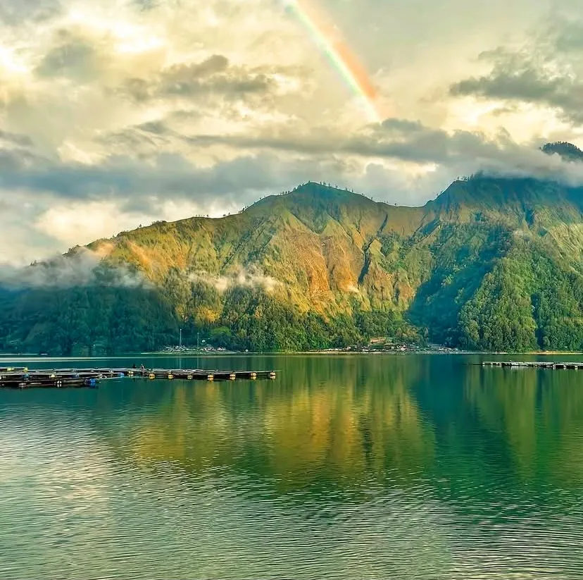 Rainbow over Lake Batur and Mount Batur, Kintamani