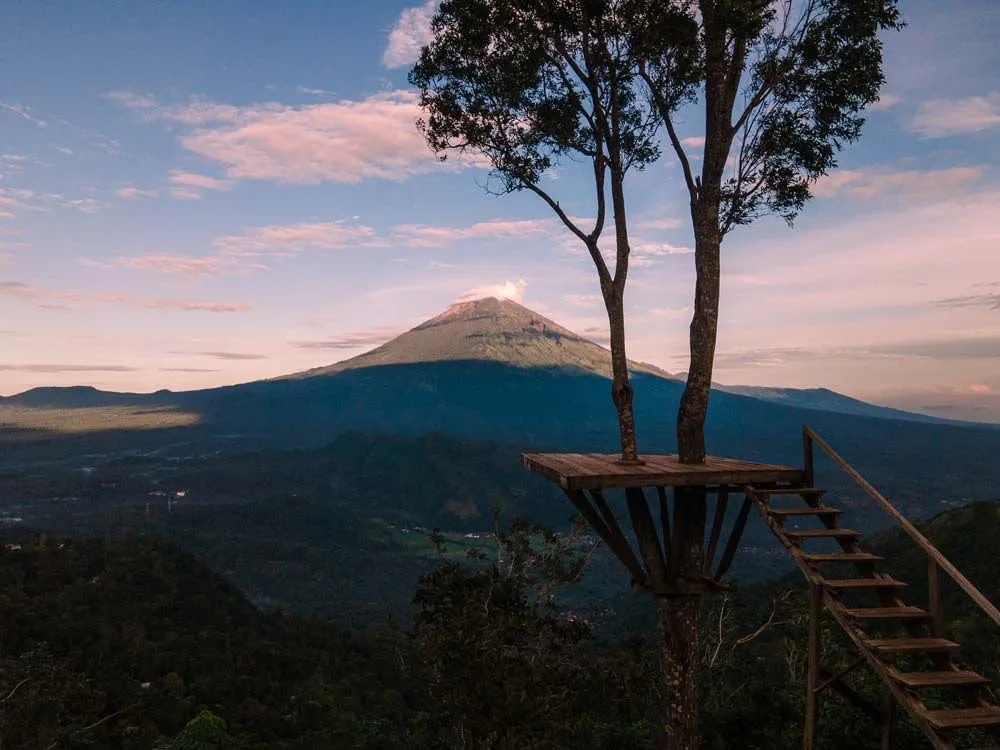 Volcano and tree platform on a Bali travel day
