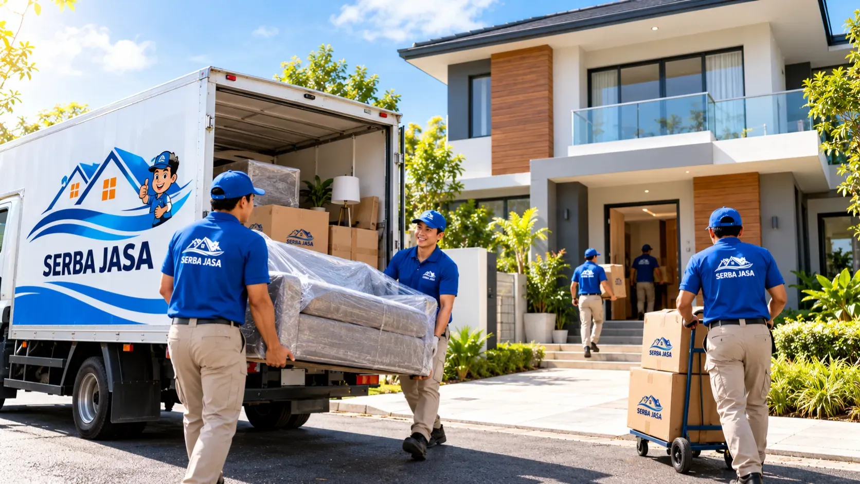 Movers carrying stacked household boxes