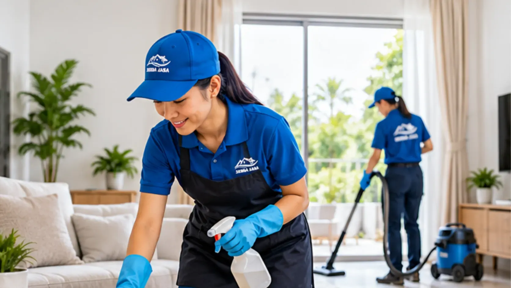 Cleaner vacuuming a modern living room