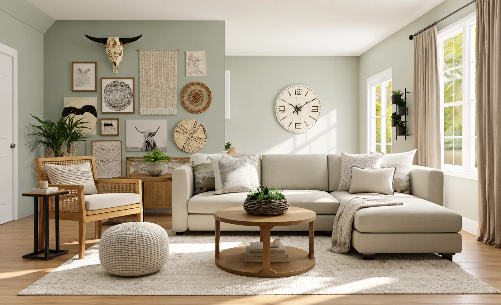 Warm living room with natural wood furniture, cream sofa, and modern architecture