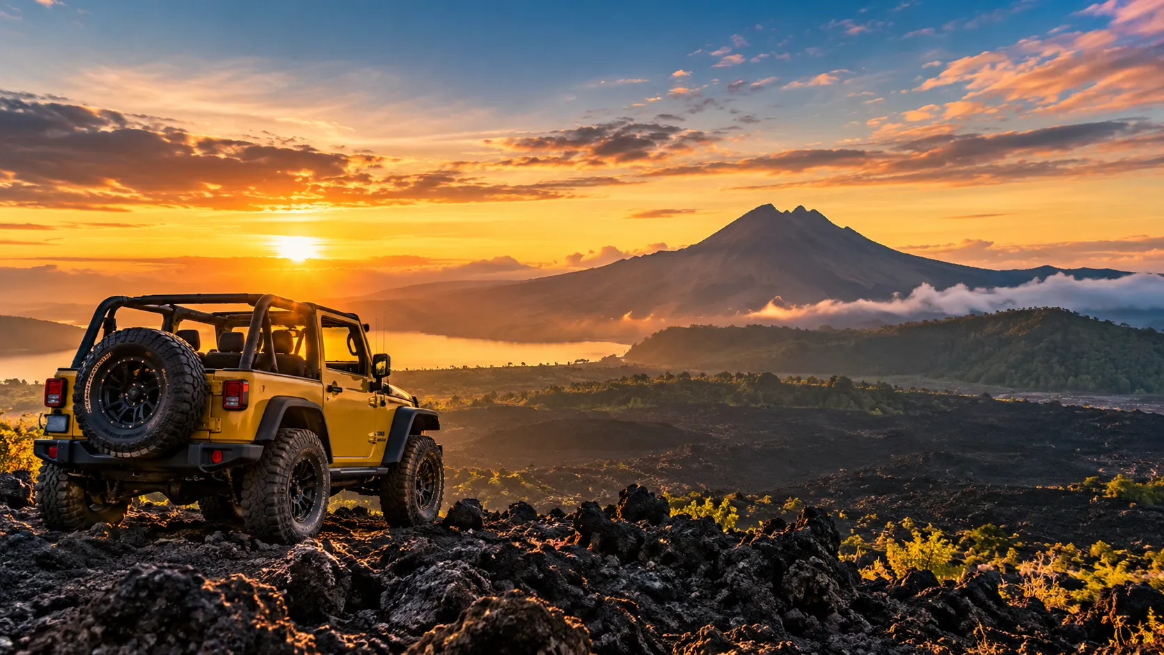 Jeep overlook toward Mount Batur at sunrise