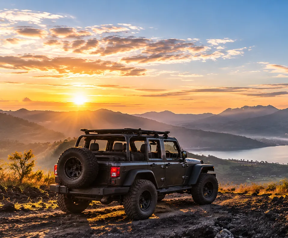 Jeep adventure toward Mount Batur at sunrise