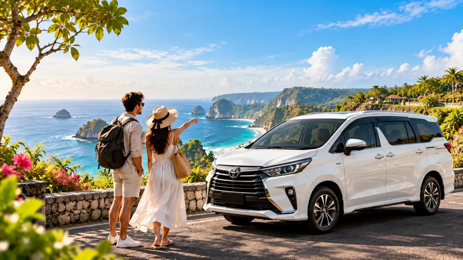 White Toyota Hiace Commuter passenger van, a car rental option with a driver in Bali