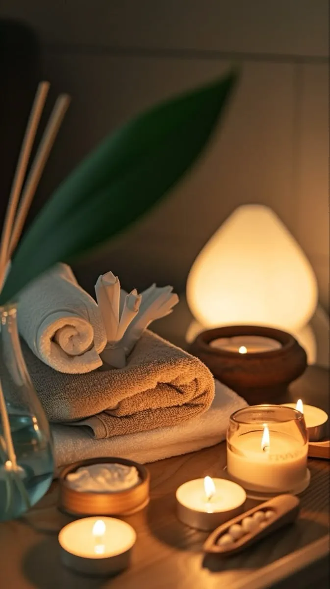 Calm spa setting with folded towels