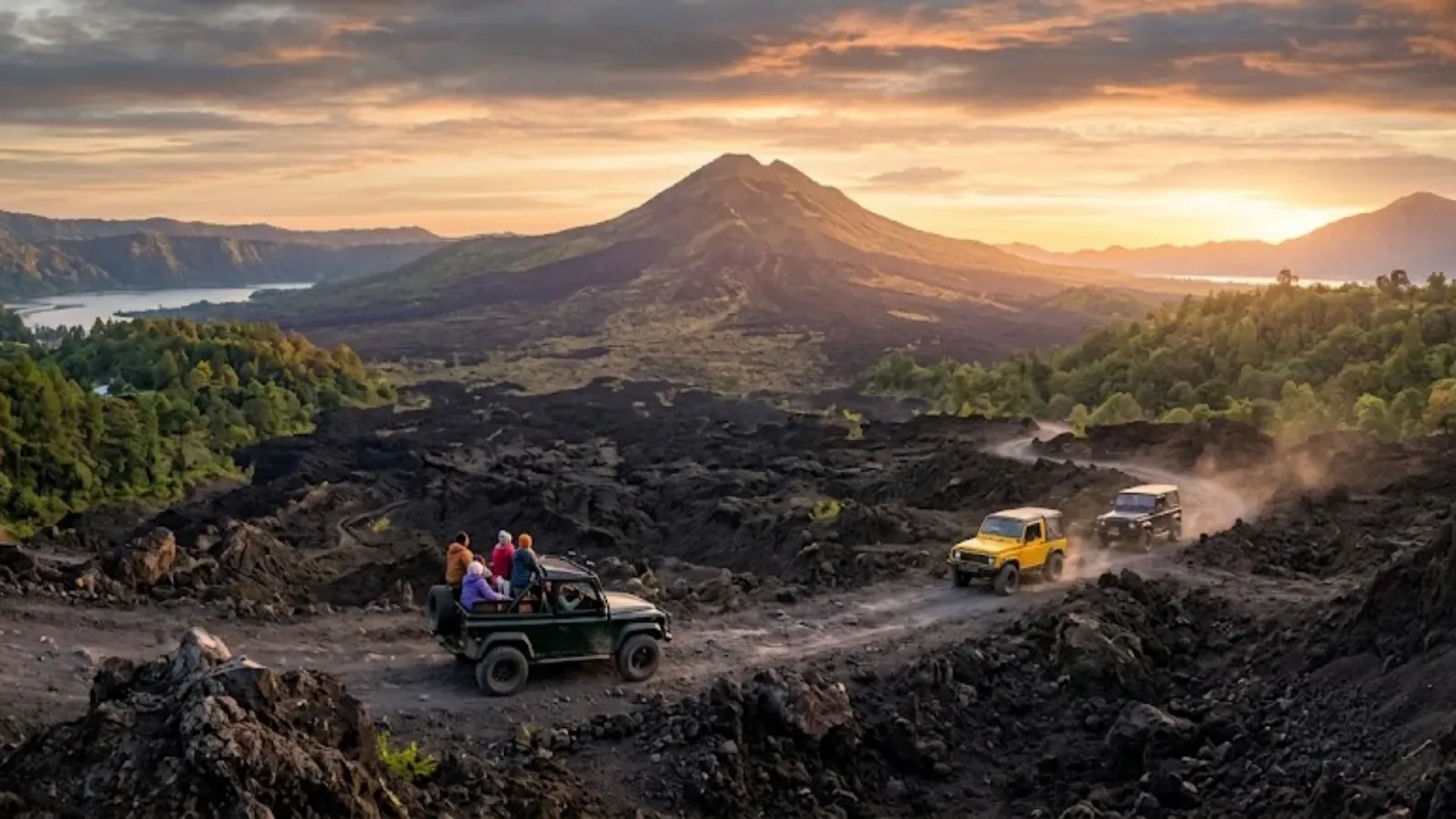 Open safari vehicle crossing grassland at sunrise, used for the Kintamani jeep tour.