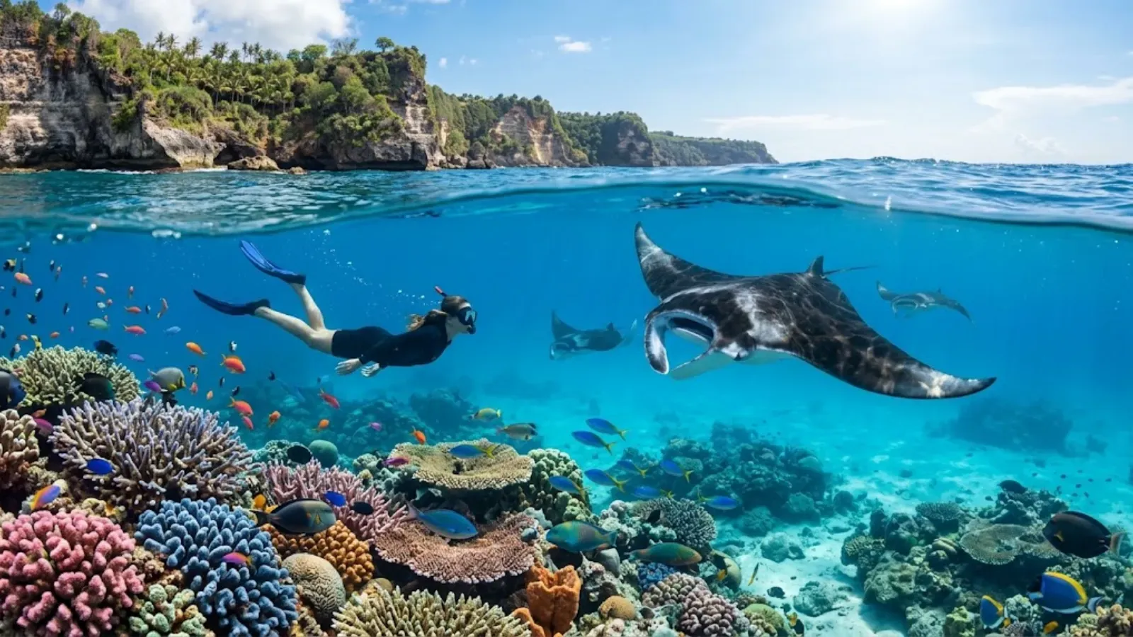 Snorkeler above a coral reef for the Nusa Penida day trip.