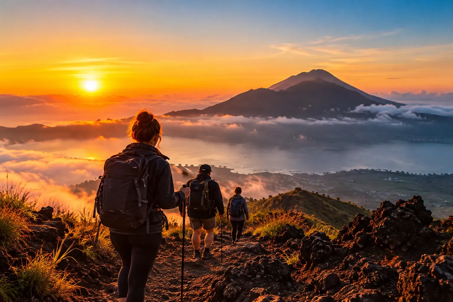Hikers on a dawn mountain trail, representative of Mount Batur trekking