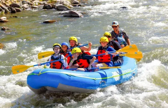 White water rafting adventure along tropical jungle river in Bali