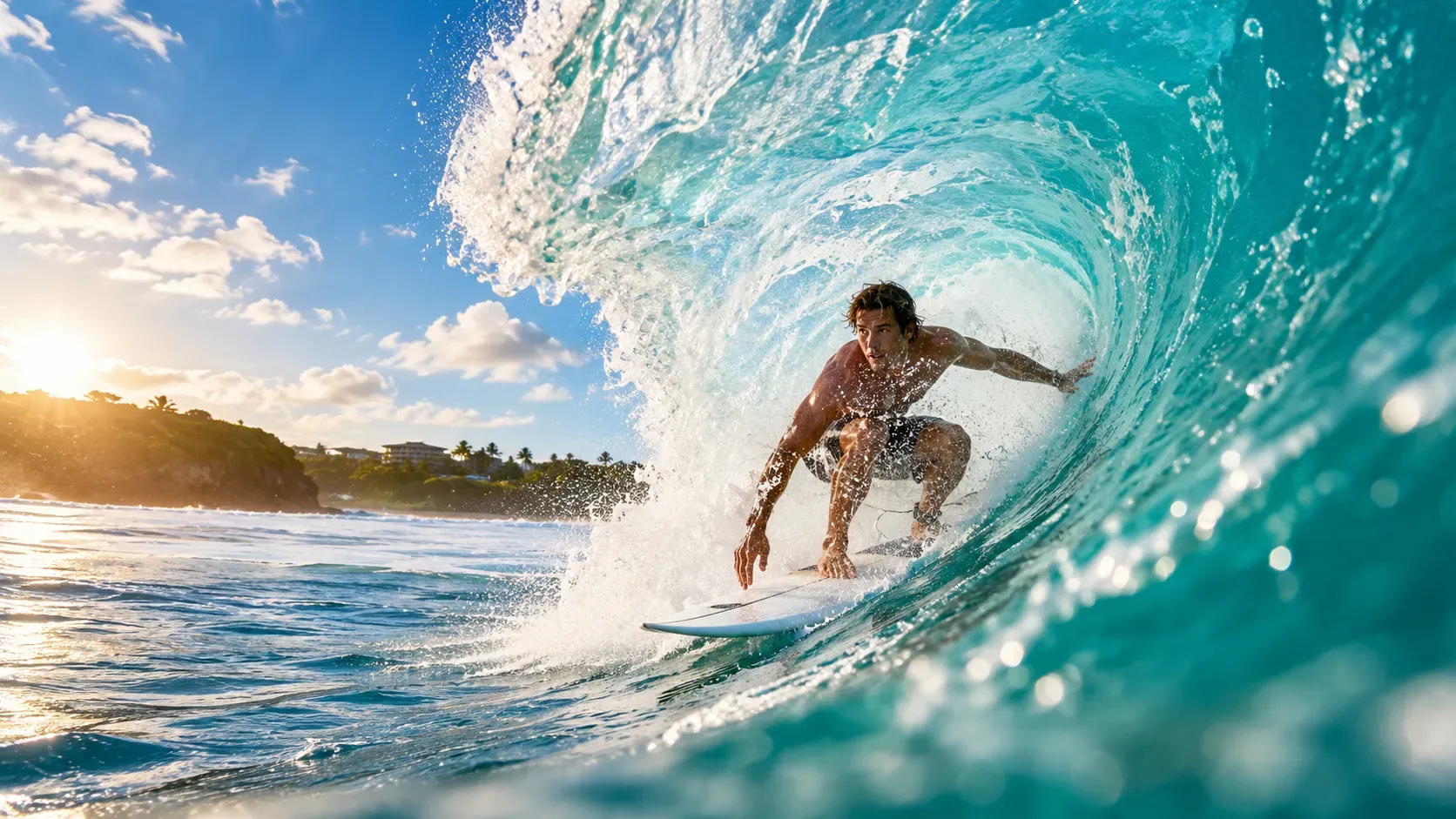 Surf lesson in Nusa Dua Bali with a surfer riding a turquoise ocean wave