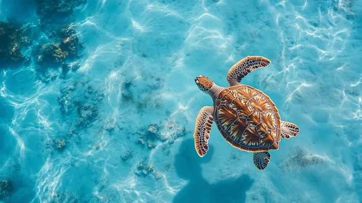 Green sea turtle swimming over coral in Amed