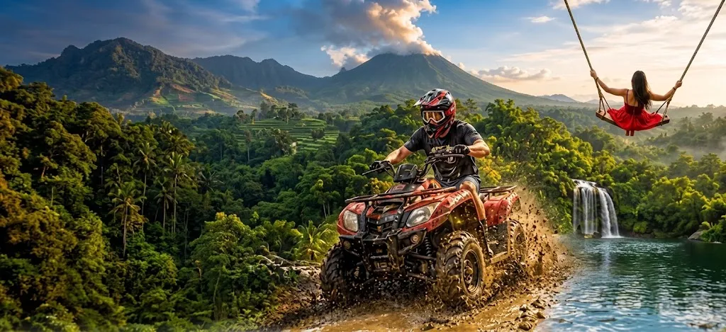Bali tropical jungle, mountain and rice terrace landscape