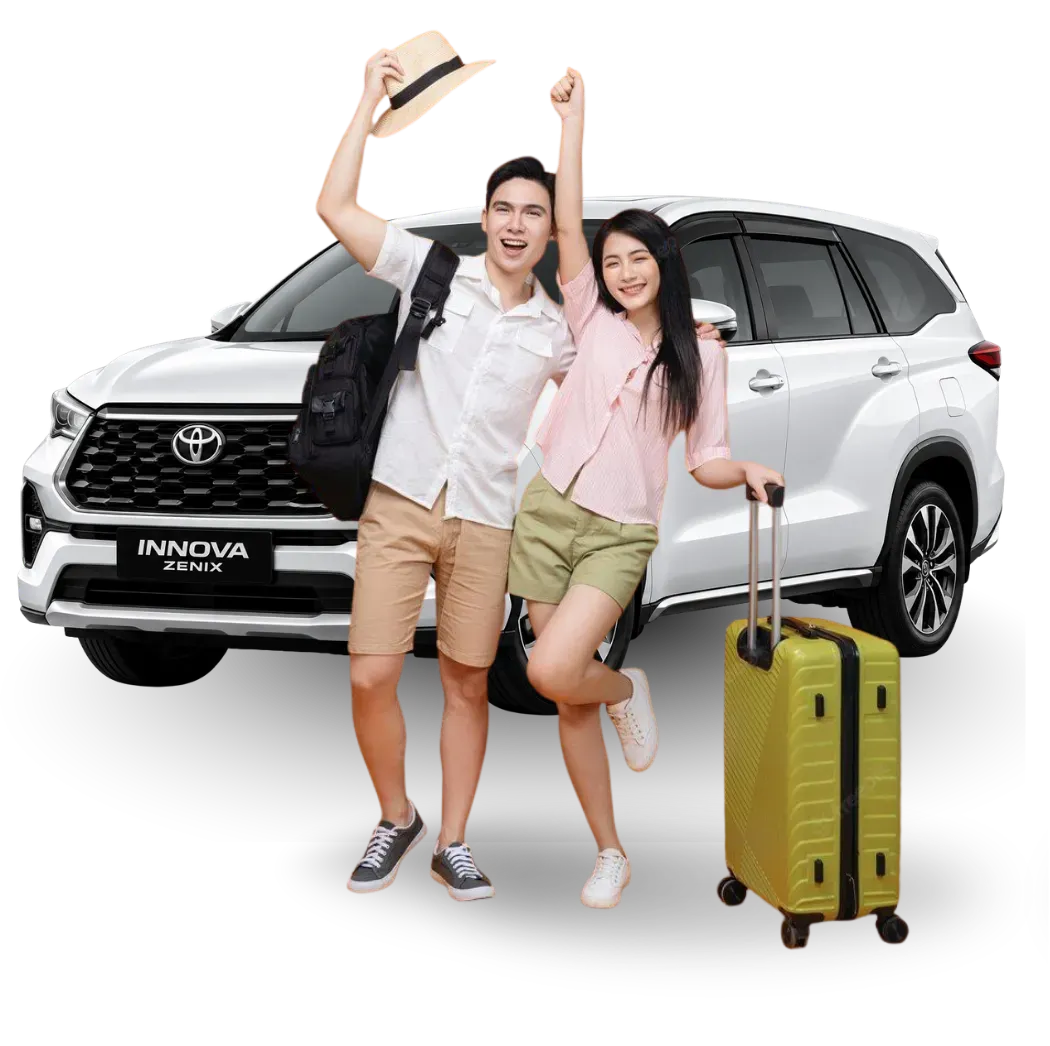 Happy traveler couple with backpack and luggage ready to explore Bali